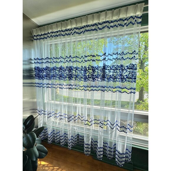 Vintage 70s sheer curtain, indigo blue floral & dots embroidered mesh panel - Picture 1 of 10